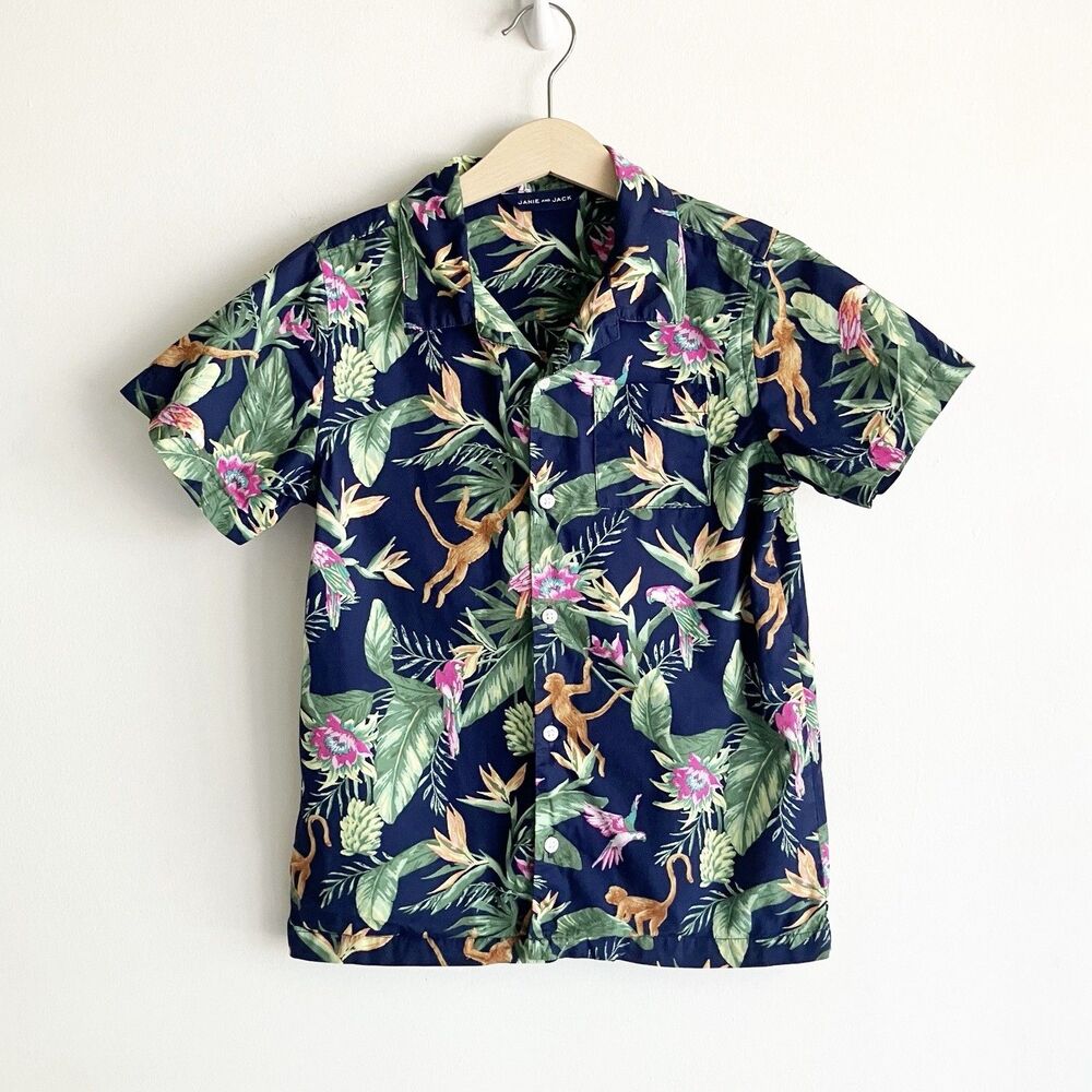 Janie and Jack Tropical Print Shirt Boys Sz 7 Monkey Navy Short Sleeve Cotton